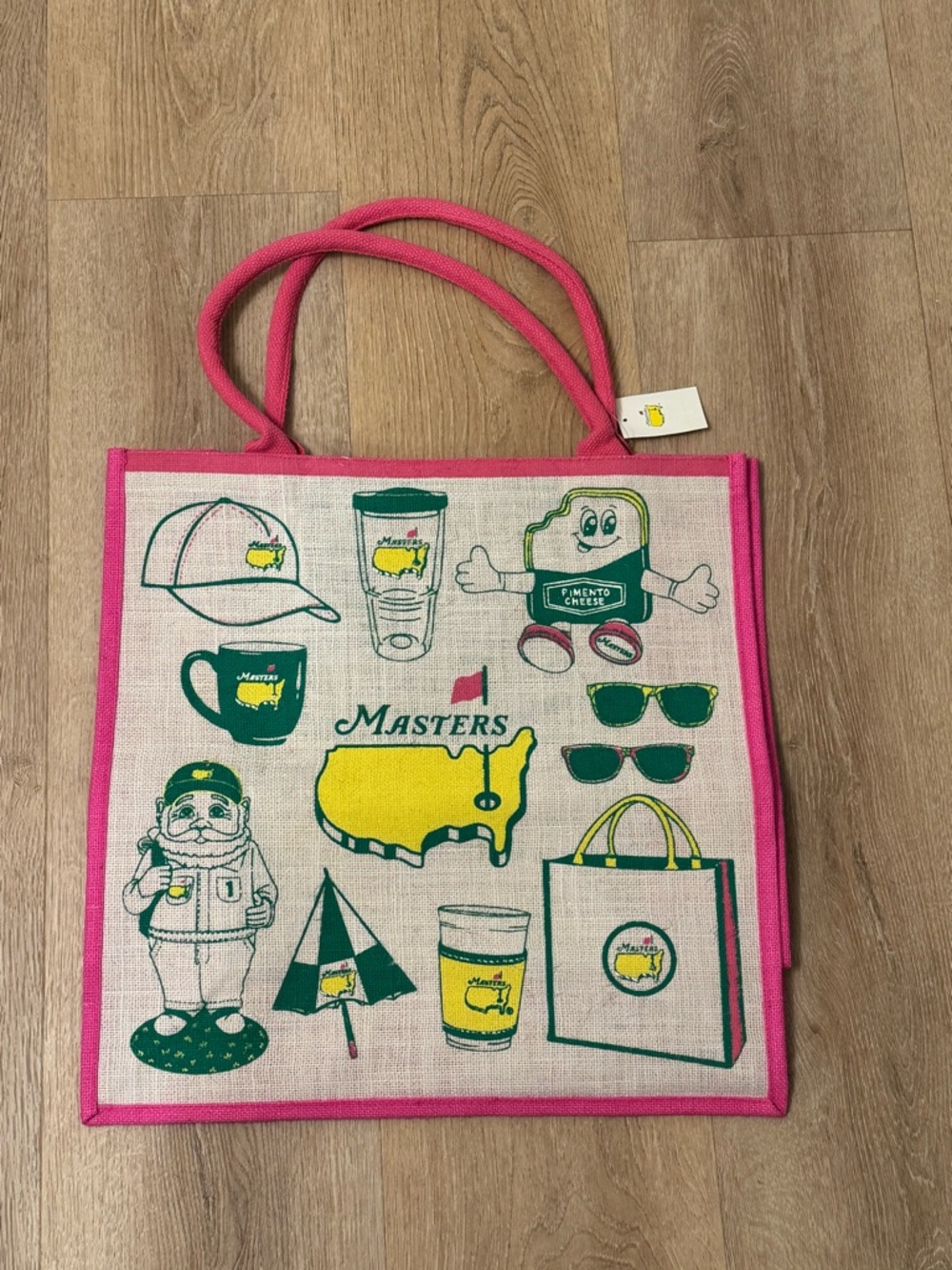 Masters Burlap Tote with Pink Trim and Yellow & Green Graphics